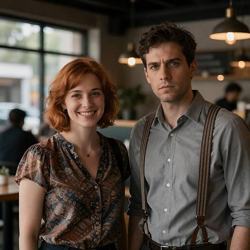 Photograph of a smiling red-haired woman in a patterned blouse and a serious, dark-haired man in a gray shirt with suspenders, standing in