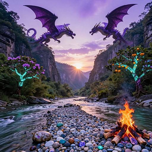 Photograph of two purple dragons with glowing blue accents flying over a rocky river at sunset, surrounded by lush greenery, with a campfire in the