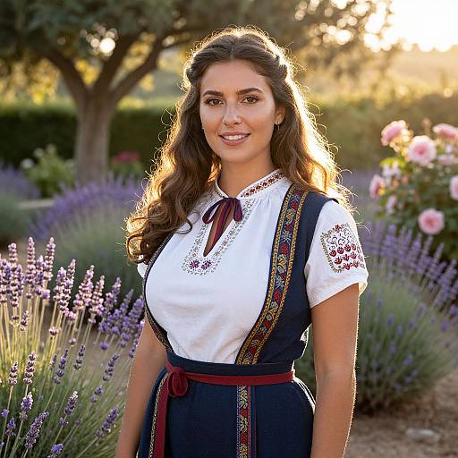 Photograph of a smiling woman with long brown hair, wearing a white embroidered blouse and dark blue dress, standing in a sunlit lavender garden.