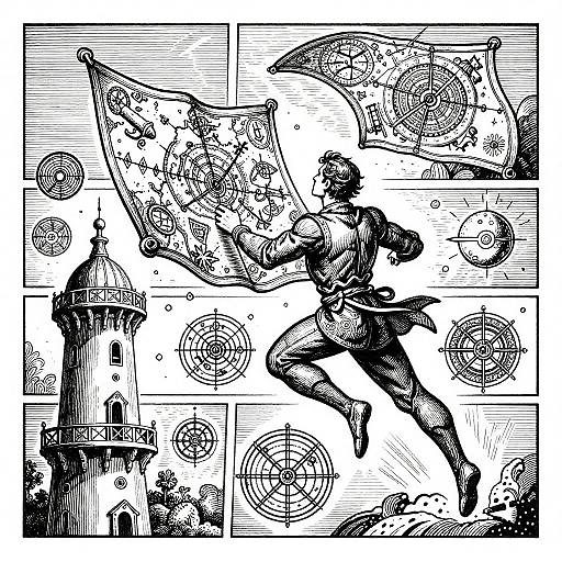 Black-and-white comic-style drawing: Dynamic, muscular figure with short hair jumps, holding fragmented maps amidst flying fans and detailed structures.
