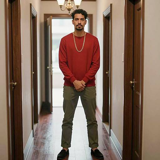 Man Standing in Hallway with Gold Chain