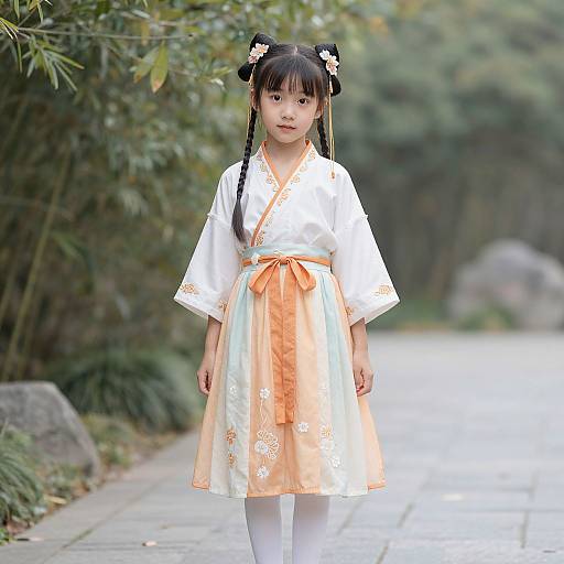 Photograph of an East Asian girl with black hair in double buns, wearing a white and orange floral Korean hanbok, standing on a pathway