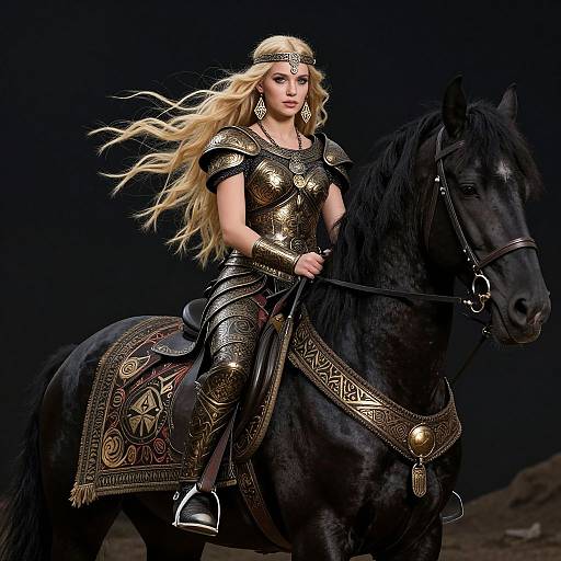 Digital artwork of a blonde warrior woman with flowing hair, wearing ornate gold armor, riding a black horse with intricate saddle designs, against a dark background