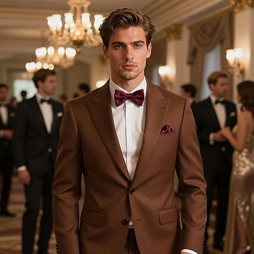 Man in Brown Suit at Elegant Ballroom Party