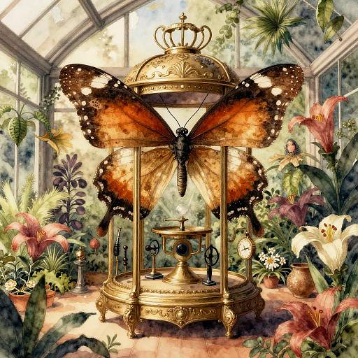 Digital painting of a large, orange and black butterfly in a golden, ornate cage surrounded by lush, colorful flowers and plants in a sunlit greenhouse