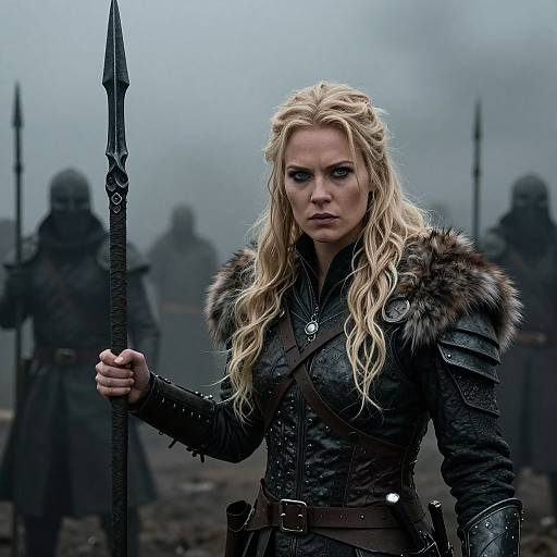 Fierce Blonde Warrior in Foggy Battlefield
