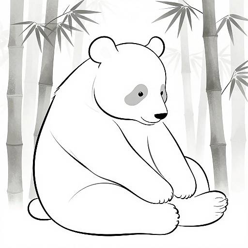 Black and white digital drawing of a sitting bear with a light gray facial mark, surrounded by bamboo stalks. Simple, minimalist style.