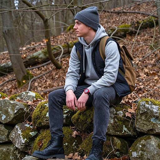 Young Man Sitting on Mossy Stone Wall in Forest