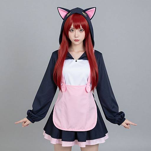 Young woman with long red hair in a black cat hoodie with pink ears, white apron, and black skirt, stands against a gray background. Phot