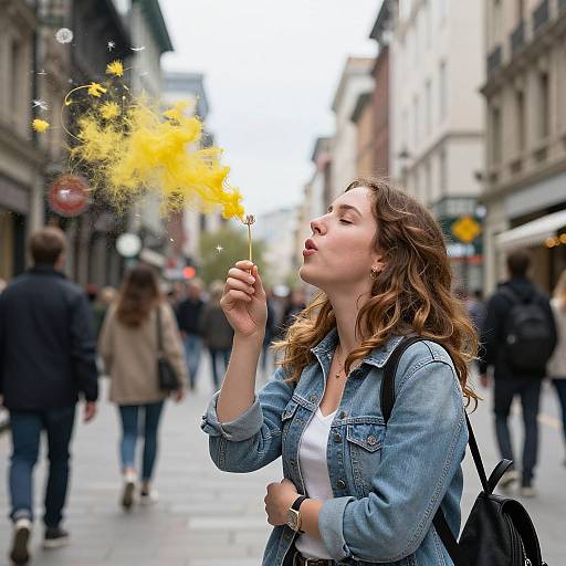 Photograph of a curly-haired woman in a denim jacket blowing yellow sparklers on a bustling city street, with blurred pedestrians.