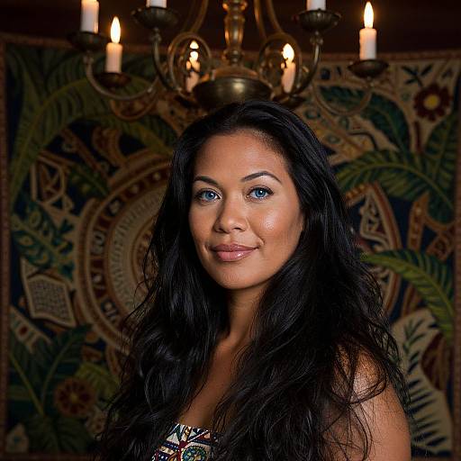 Photograph of a smiling, dark-haired woman with blue eyes, wearing a patterned top, in front of a tapestry with candles on a ch