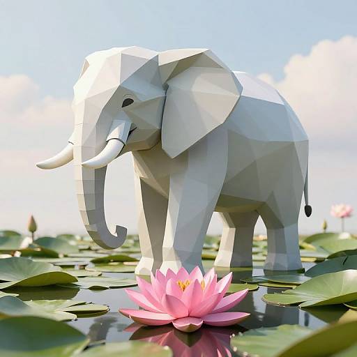 Digital polygonal art of a white elephant standing on lily pads, beside a pink lotus flower in a reflective pond, under a bright blue sky