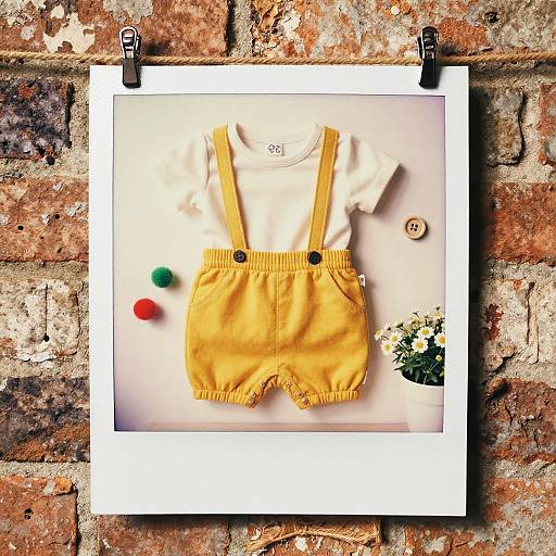 Photograph of yellow toddler overalls with black buttons, white shirt, and small toys on white paper, clipped to rustic brick wall.