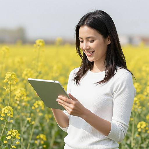 Photograph of a smiling young woman with long black hair, wearing a white long-sleeve shirt, standing in a bright yellow flower field, holding