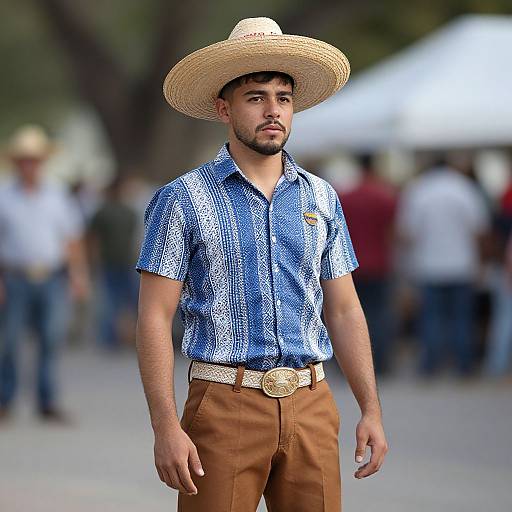 Photograph of a young, handsome, bearded man wearing a straw hat, blue checkered shirt, brown pants, and a large belt buckle,