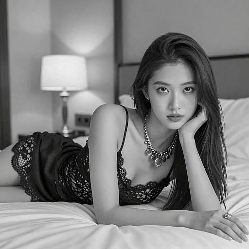 Black and White Portrait of Woman on Bed