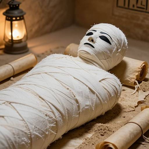 Photograph of a mummy-like figure with white bandages, black-painted eyes, lying on sand with rolled parchments, a lit lantern,