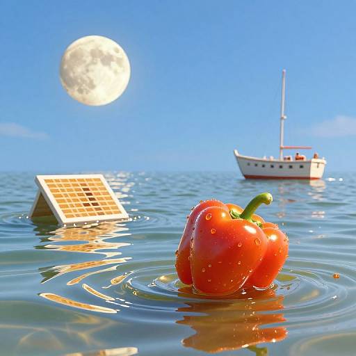 Photorealistic CGI of two wet red bell peppers floating in calm water near a solar panel and distant white sailboat under a bright full moon.