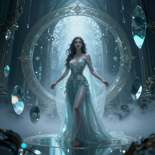 Digital fantasy artwork of a dark-haired woman in a shimmering, off-shoulder silver gown, standing in a mystical, circular, mirror-filled cathedral