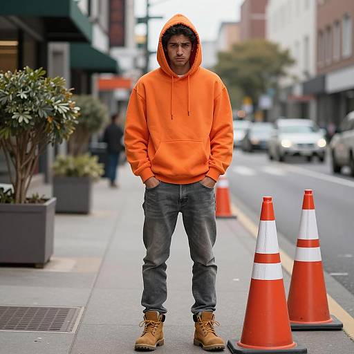 Photorealistic Urban Scene with Orange Hoodie