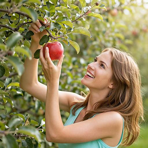 Joyful Woman Picking Red Apple