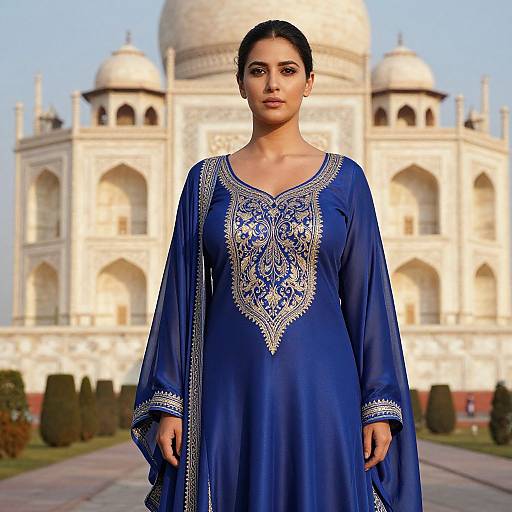 Photograph of a woman with dark hair in a blue, intricately embroidered traditional dress standing in front of the Taj Mahal.