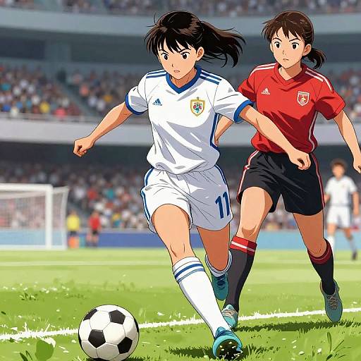 Digital anime-style drawing of two female soccer players; one in white uniform, number 11, chasing a ball, while the other in red uniform purs