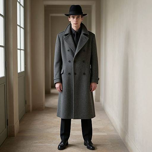 Photograph of a solemn man in a long gray overcoat, black hat, and black pants, standing in a sunlit, narrow hallway.