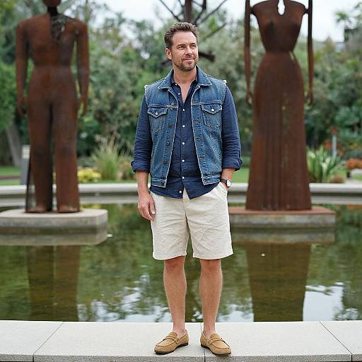 Photograph of a bearded man in a denim jacket, white shorts, and tan shoes, standing in front of rusted abstract sculptures by a pond