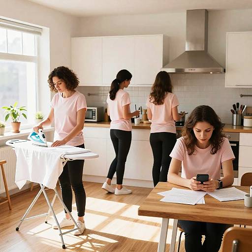 Photograph of three women in pink shirts and black pants, ironing, cooking, and working at a bright, modern kitchen table.
