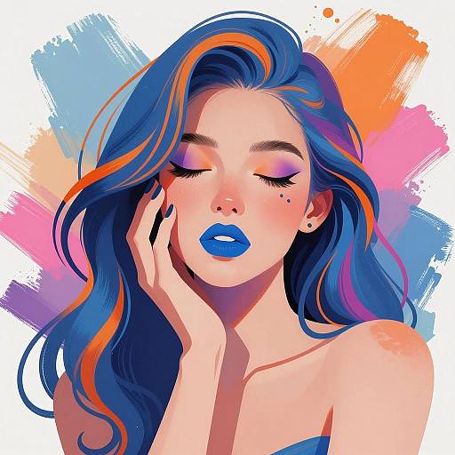 Colorful Digital Portrait of Woman with Blue and Orange Hair