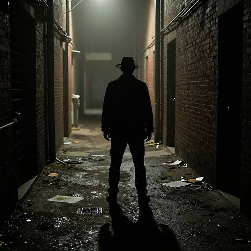 Silhouetted man in fedora stands in dimly lit, narrow, brick alley with scattered papers and wet ground, illuminated by distant light.