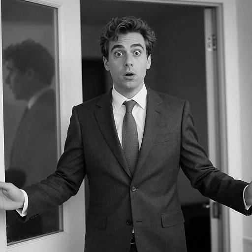 Surprised Man in Suit Standing in Doorway