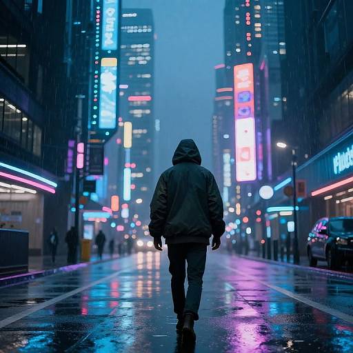 Photograph of a lone figure in a dark hoodie, walking down a wet, neon-lit city street at night, surrounded by glowing skyscrapers