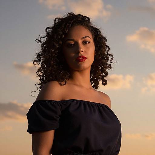 Photograph of a dark-haired woman with curly hair, wearing an off-shoulder black top, set against a sunset sky with soft clouds.