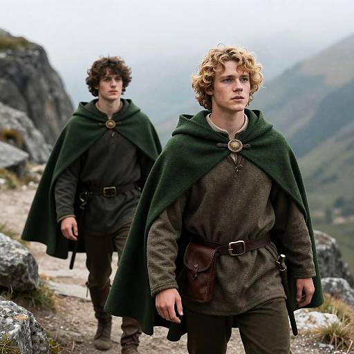 Two Young Men in Medieval Green Cloaks on Mountain Path