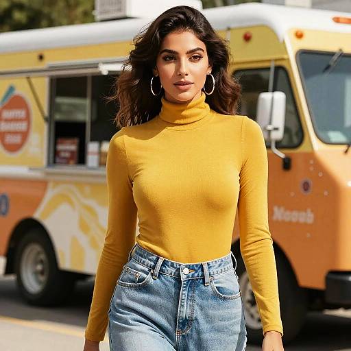 Photograph of a young woman with dark wavy hair, wearing a yellow turtleneck and high-waisted blue jeans, standing in front of