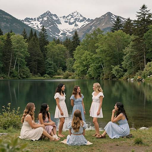 Photograph of six women in white and blue dresses, seated and standing by a tranquil lake with snow-capped mountains and dense forest background, enjoying a