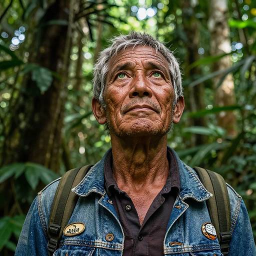 Photograph of an older man with gray hair, rugged face, green eyes, wearing a denim jacket, black shirt, and backpack, in a lush