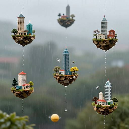 Photorealistic digital art of six floating islands with colorful, miniature buildings, suspended by strings in a rainy, misty landscape.
