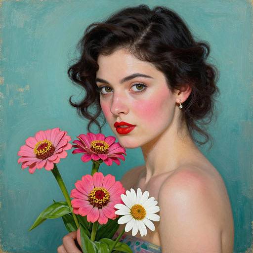 Digital painting of a fair-skinned woman with wavy dark hair, red lipstick, holding pink and white daisies, against a teal background.