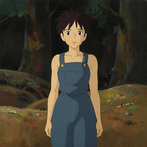 Anime-style digital drawing of a young woman with short black hair, wearing blue overalls, standing in a dark, forested area. She looks surprised