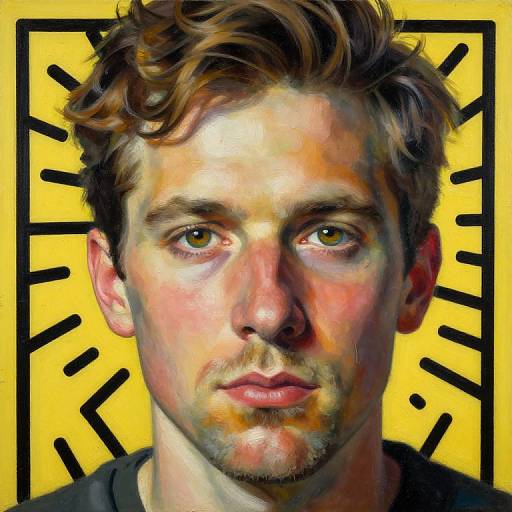 Digital portrait of a young, Caucasian man with messy brown hair, green eyes, light stubble, and a serious expression, set against a bright yellow