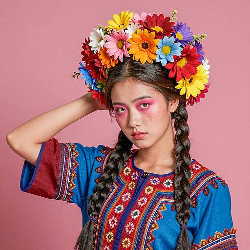 Young Woman in Colorful Traditional Dress with Floral Headdress