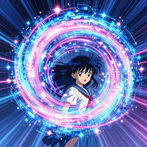 Anime-style digital illustration of a blue-haired girl in a white sailor uniform, surrounded by a glowing, circular blue and pink energy vortex.