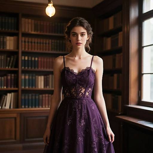 Photograph of a young woman with dark hair in an elegant, lace, purple, spaghetti-strap dress, standing in a dimly lit, wooden