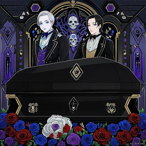 Illustration of Andrew graves, the coffin of andy and leyley in the style of Kaetzchen