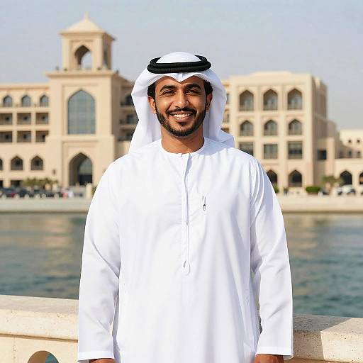 Smiling Middle Eastern man in white traditional thobe and kufi, standing in front of a beige, arched building by a waterfront.