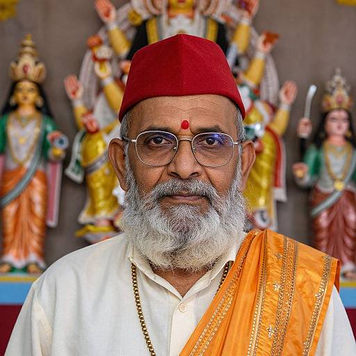 Photograph of an elderly Indian man with a white beard, red cap, glasses, and orange sash, standing before colorful Hindu deities.