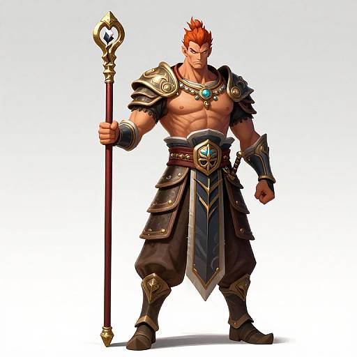 Digital illustration of a muscular, red-haired male warrior with fiery hair, holding a golden staff, wearing ornate armor and dark pants.